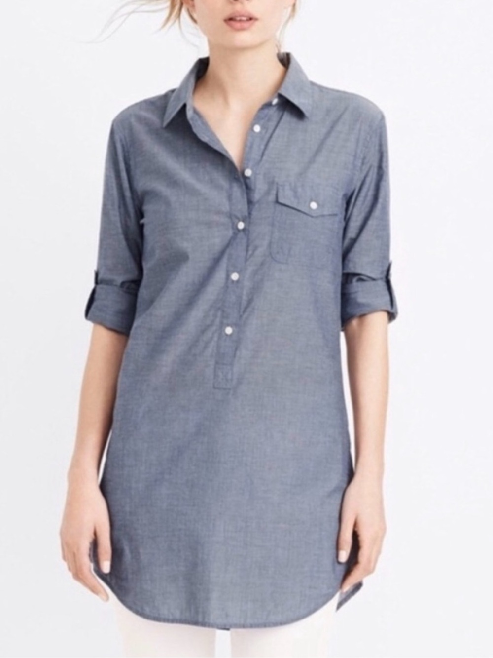 J. Crew Blue Chambray 3/4 Button-Front Tunic Shirt Size Medium 100% Cotton